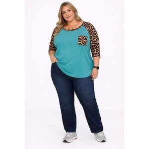 Glitzy Girlz XL Teal Leopard Print Raglan Sleeve Pocket Top Women Casual Shirt